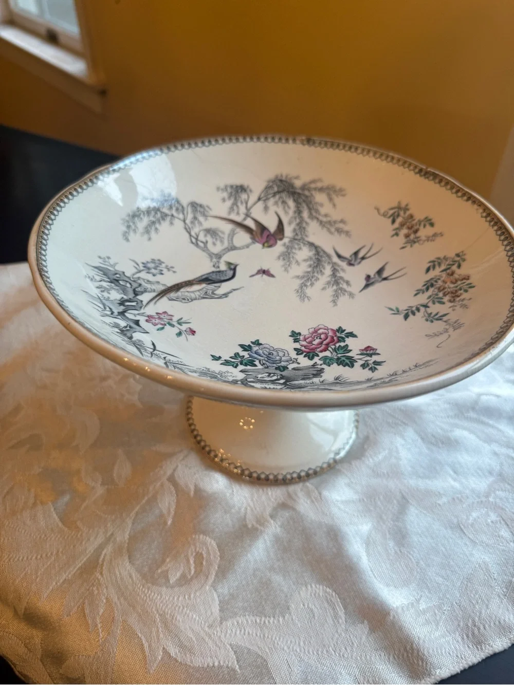 Vintage Asian Motif Bird and Floral pedestal Bowl Compote 9”